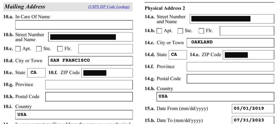 Part of an I-130 with the street address and ZIP code blacked out